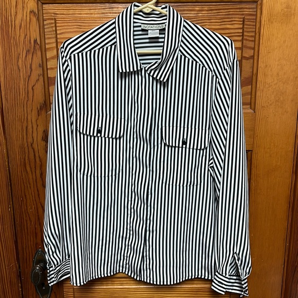 Notations vertical striped button down shirt with hidden buttons 2 front pockets - Picture 1 of 9